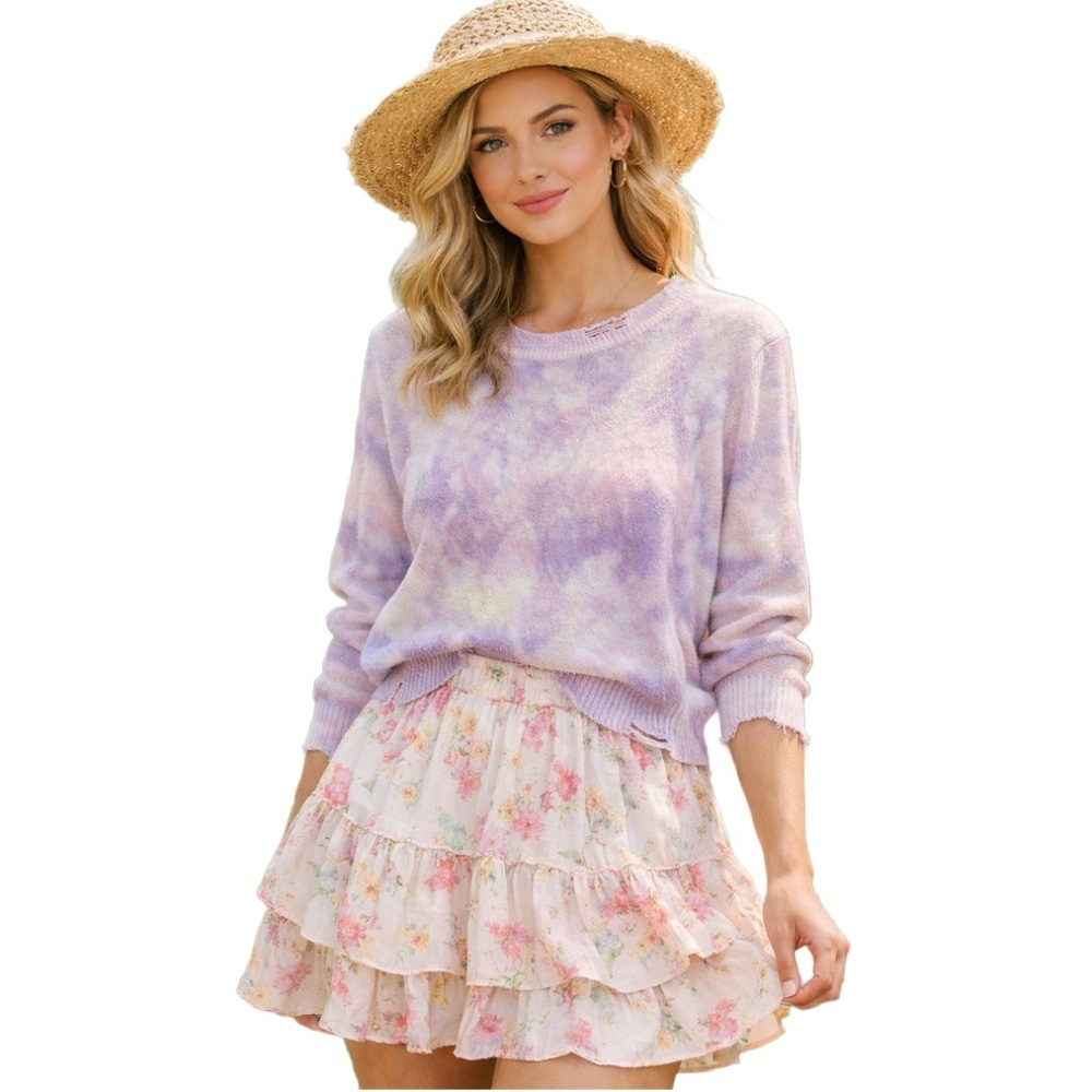FATE 100% Cotton pink and purple tie dye distressed crew neck sweatshirt 💕